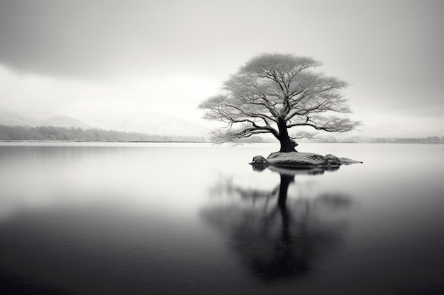 Arafed tree in the middle of a lake with a rock in the middle generative ai