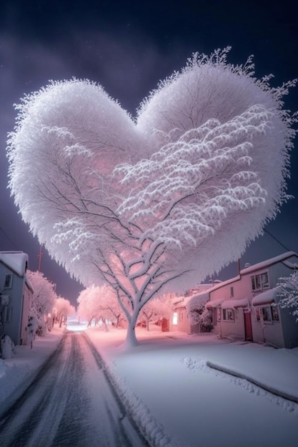 arafed tree in the shape of a heart on a snowy street generative ai