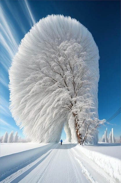 Arafed tree with snow on it and a person on skis on the snow generative ai