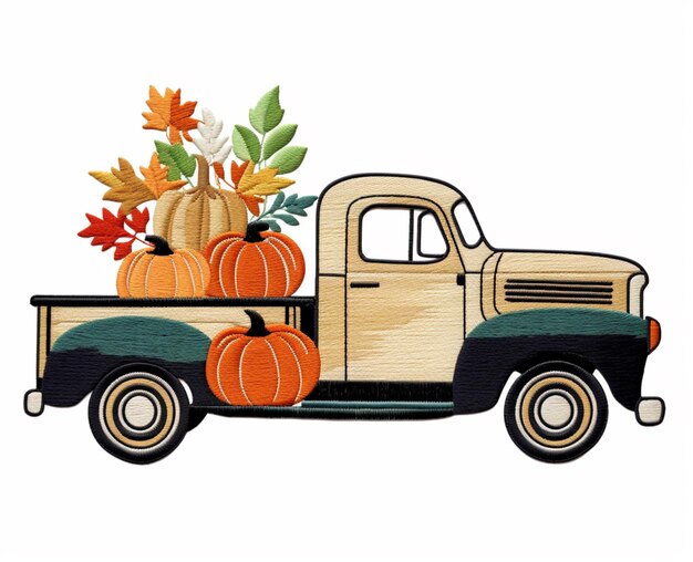 arafed truck with pumpkins and leaves on the bed generative ai