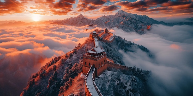 arafed uitzicht op een berg met een kasteel in de wolken generatieve ai