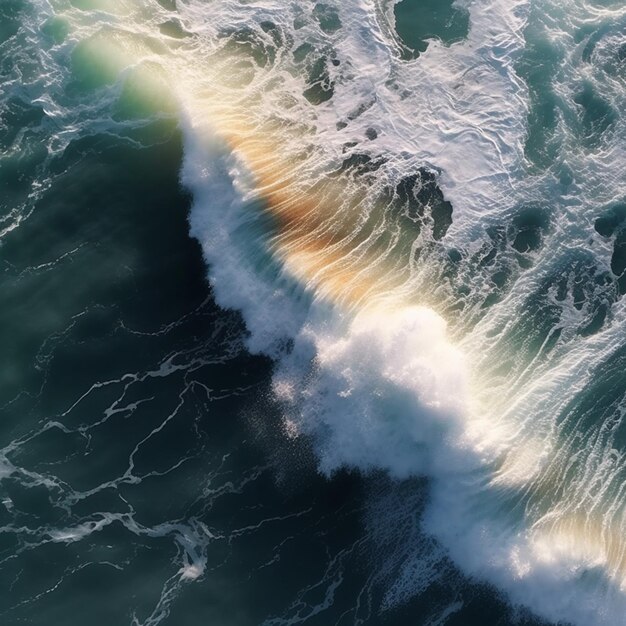 arafed uitzicht op een golf breken op de oceaan met een surfer generatieve ai