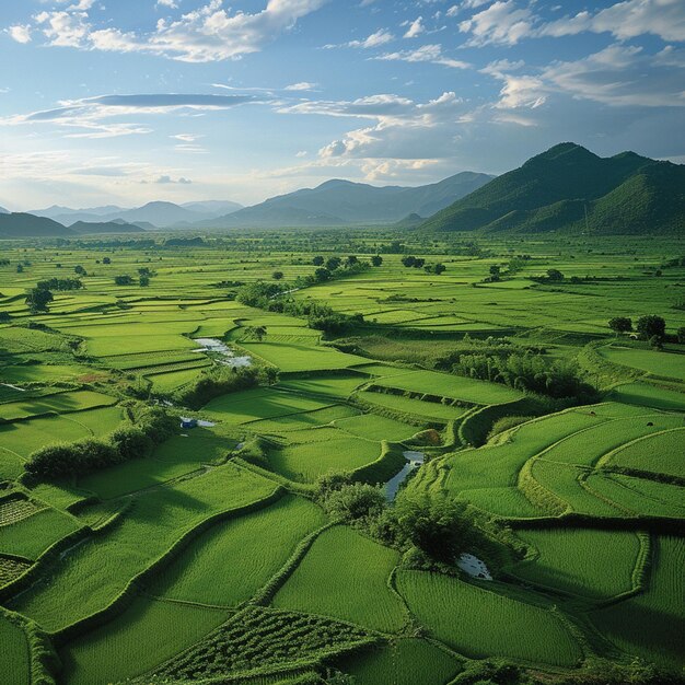 arafed uitzicht op een groen veld met een rivier en bergen in de verte generatieve ai