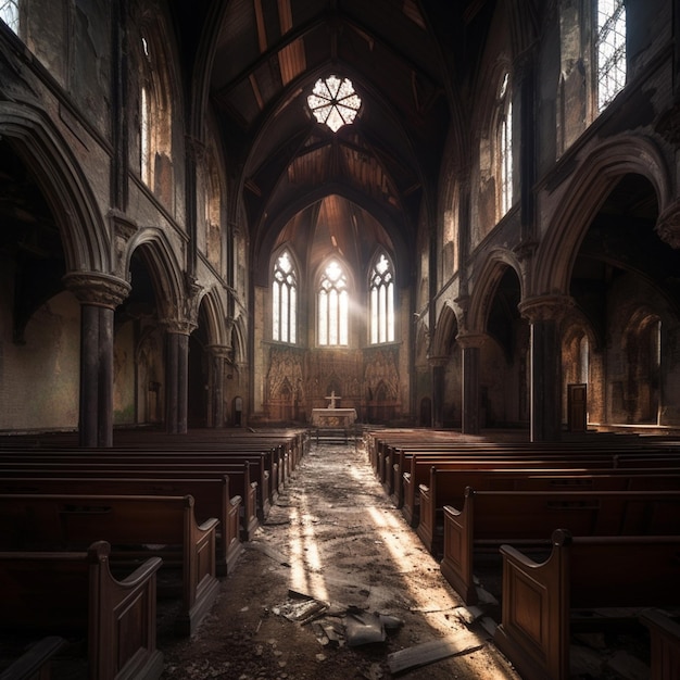 Arafed uitzicht op een kerk met veel banken en een raam generatieve ai