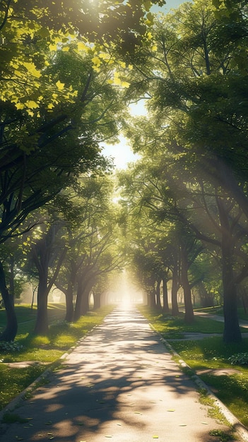 arafed uitzicht op een met bomen omzoomde weg met de zon die door de bomen schijnt generatieve ai