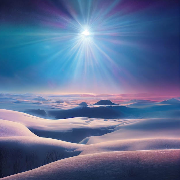 arafed uitzicht op een met sneeuw bedekte bergketen met een heldere zon generatieve ai