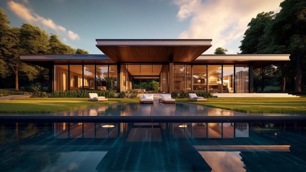 Arafed uitzicht op een modern huis met een zwembad en een patio generatieve ai