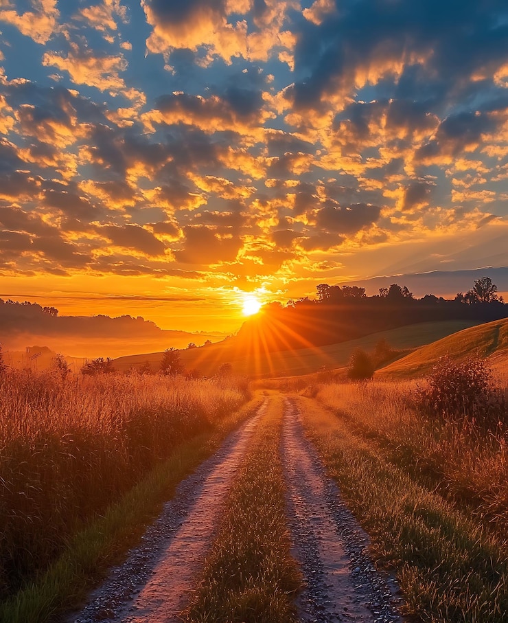 Foto arafed uitzicht op een onverharde weg in een veld met een zonsondergang