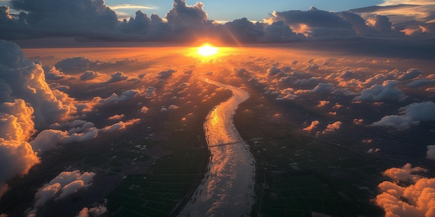 arafed uitzicht op een rivier die door een weelderig groen veld stroomt generatieve ai