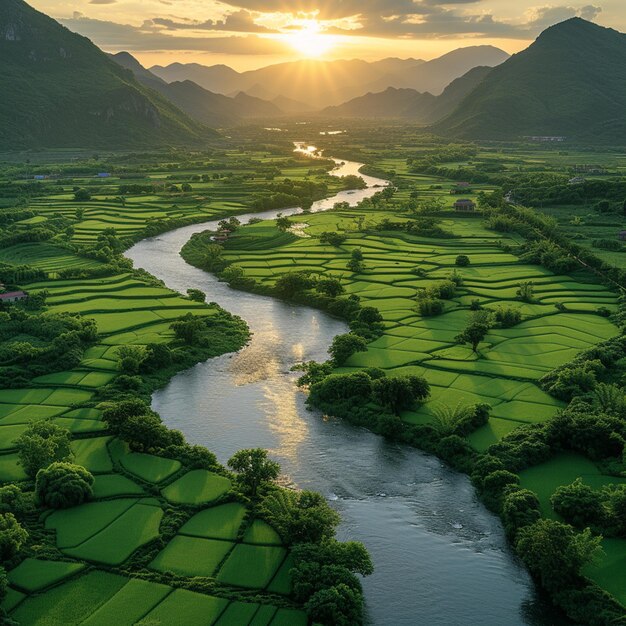 arafed uitzicht op een rivier die door een weelderige groene vallei stroomt generatieve ai