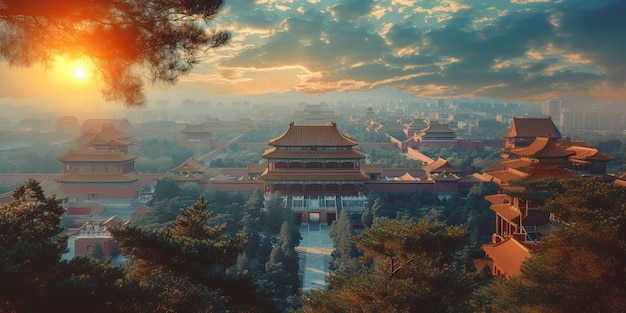 arafed uitzicht op een stad met een pagode en een zonsondergang generatieve ai