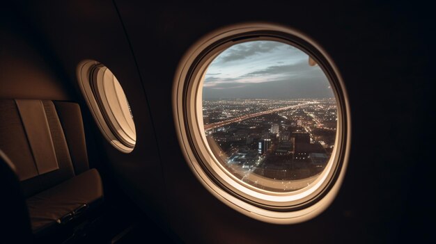 arafed uitzicht op een stad vanuit een raam van een vliegtuig generatieve ai