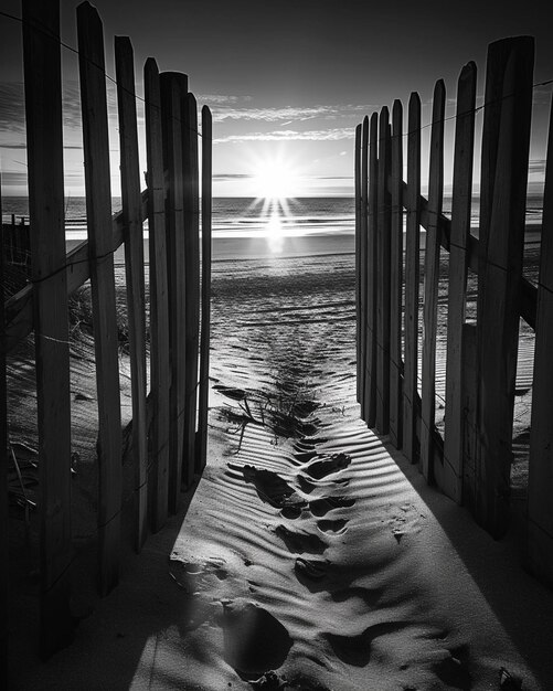 arafed uitzicht op een strand met een houten hek en voetafdrukken in het zand generatieve ai