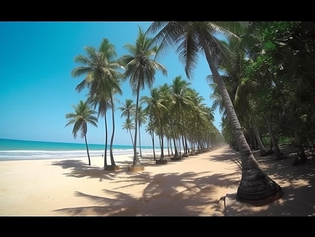 Arafed uitzicht op een strand met palmbomen en een blauwe lucht generatieve ai