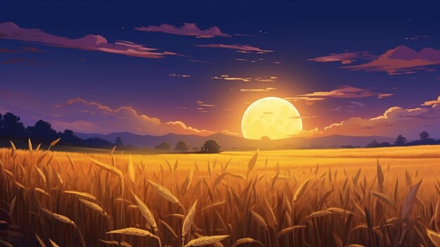 arafed uitzicht op een tarweveld met een volle maan op de achtergrond generatieve ai