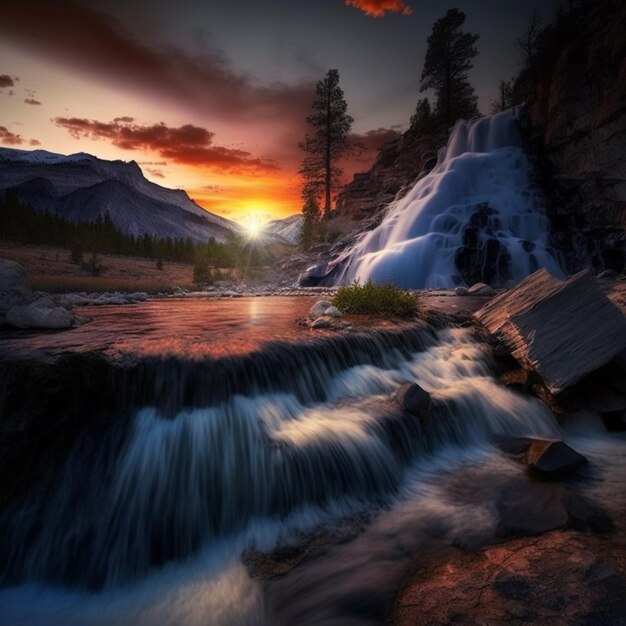 arafed uitzicht op een waterval met een zonsondergang op de achtergrond generatieve ai