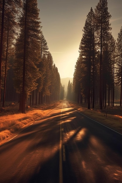 arafed uitzicht op een weg met bomen en een zonsondergang generatieve ai