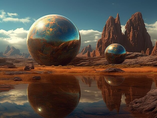 Foto arafed uitzicht op een woestijn met een meer en twee grote sferen generatieve ai