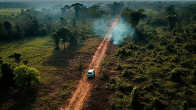 arafed vehicle driving down a dirt road in a field generative ai