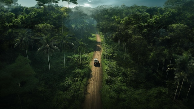 arafed vehicle driving down a dirt road through a lush green forest generative ai