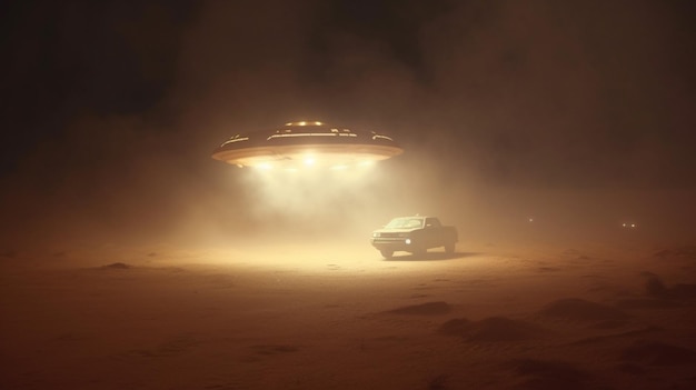 Arafed vehicle driving through a foggy desert area with a flying saucer generative ai