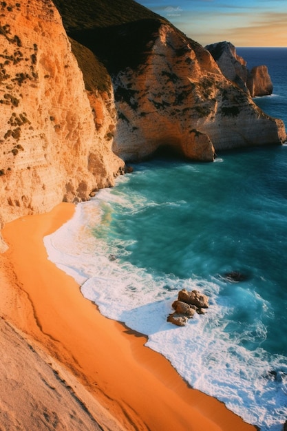 Arafed view of a beach with a cliff and a body of water generative ai