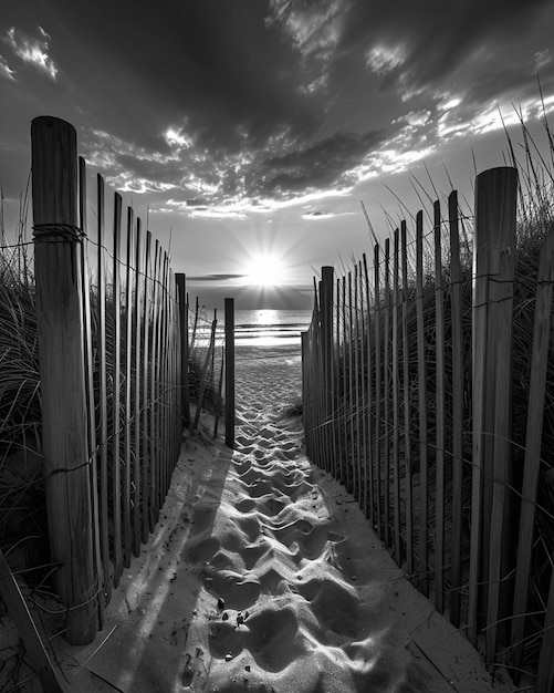 arafed view of a beach with a fence and sand generative ai