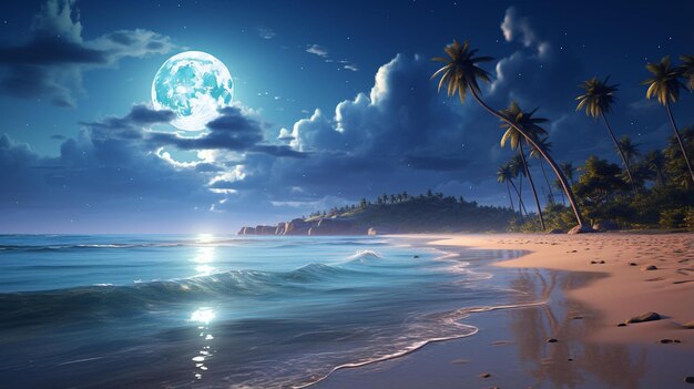 Photo arafed view of a beach with a full moon and palm trees