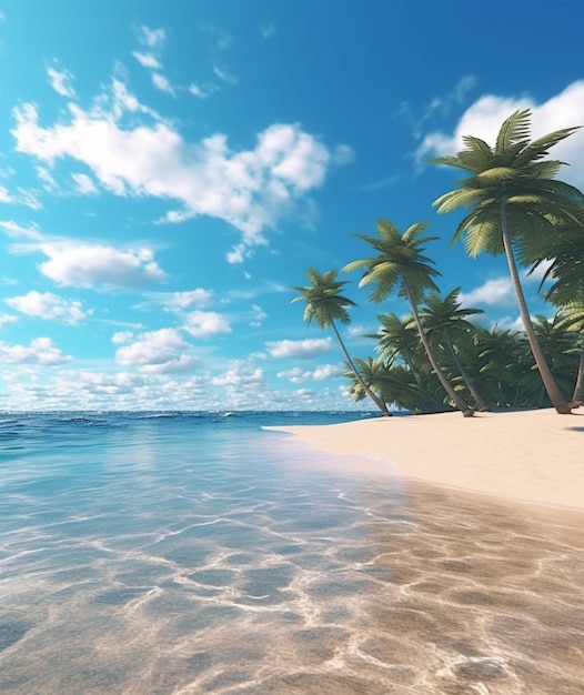 Arafed view of a beach with palm trees and a blue sky generative ai
