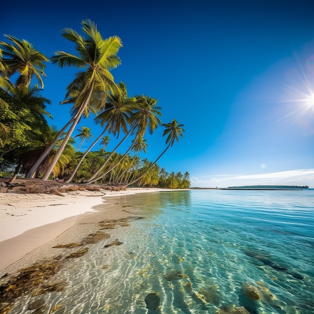 Arafed view of a beach with palm trees and clear water generative ai