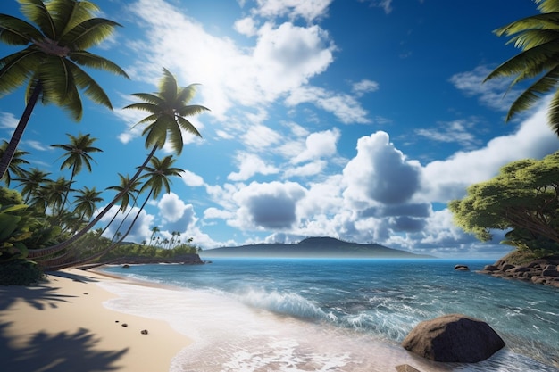 Arafed view of a beach with palm trees and a rock generative ai