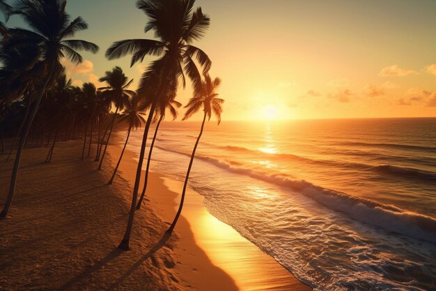 Arafed view of a beach with palm trees and the sun setting generative ai