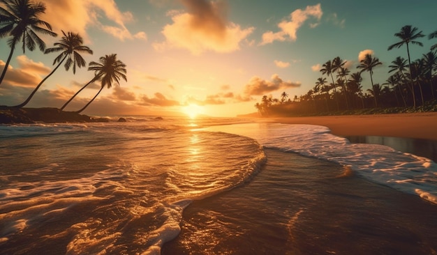 Arafed view of a beach with palm trees and a sunset generative ai