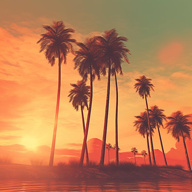 Arafed view of a beach with palm trees and a sunset generative ai