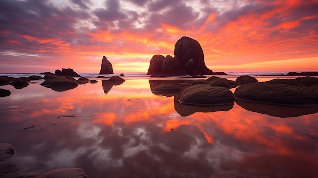 Photo arafed view of a beach with rocks and a sunset generative ai