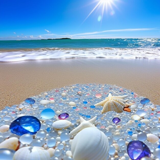 Foto arafed vista di una spiaggia con conchiglie e stelle marine sulla sabbia generativa ai
