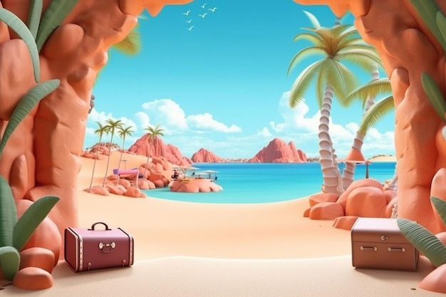 вид на пляж с чемоданом и пальмами, генерирующий ИИ