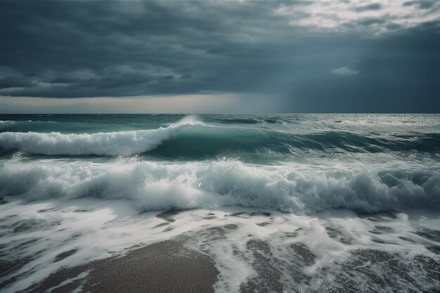 arafed view of a beach with a wave crashing on the shore generative ai