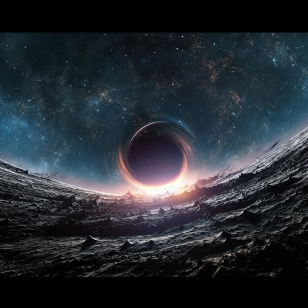 Арафированный вид на черную дыру в небе с ярким светом, генерирующим искусственный интеллект