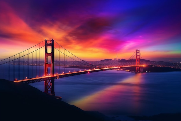 Арафед вид на мост с ярким закатом на заднем плане генеративный ай