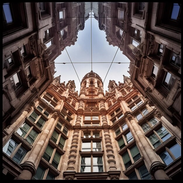 Foto vista di arafed di un edificio con una torre dell'orologio e uno sfondo celeste generativo ai