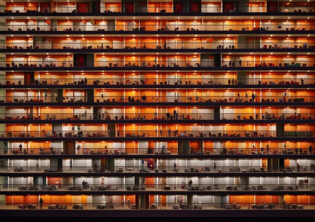 Arafed view of a building with many windows and people on the balconies generative ai