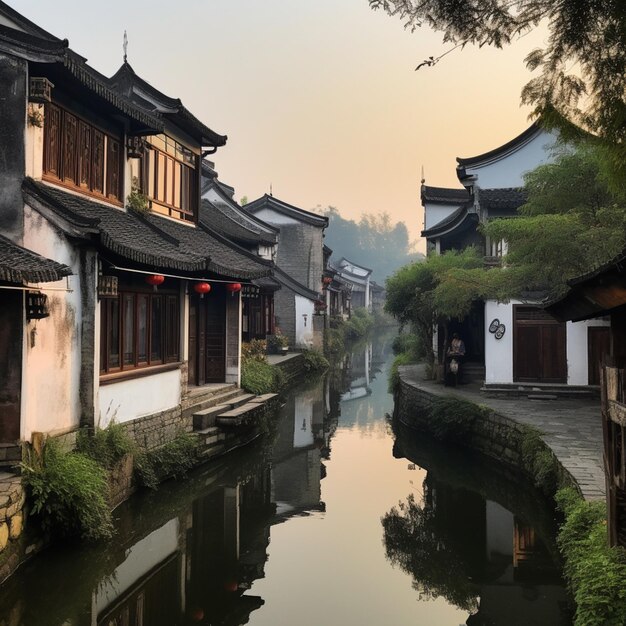 arafed view of a canal in a chinese village with a few buildings generative ai