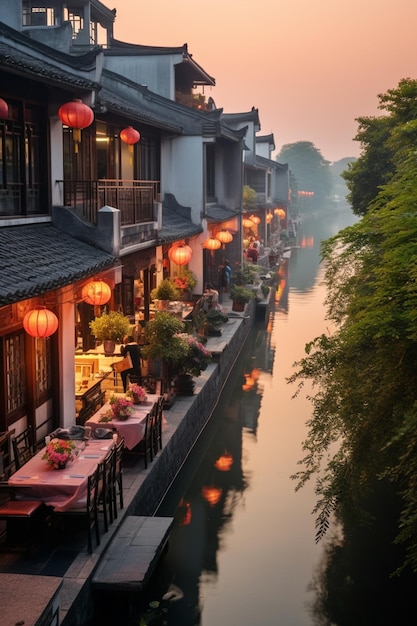 arafed view of a canal with tables and chairs on it generative ai