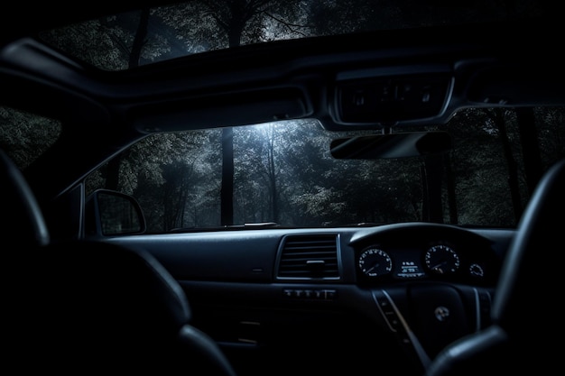 arafed view of a car dashboard with a view of the woods generative ai