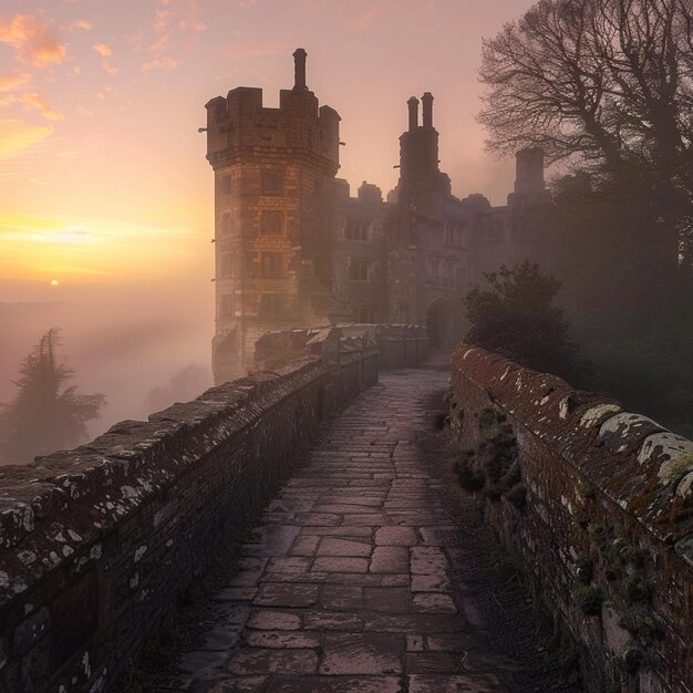 Photo arafed view of a castle with a stone walkway leading to it generative ai