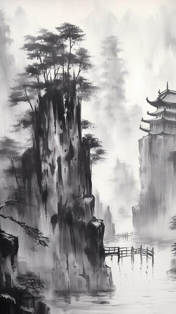 arafed view of a chinese painting of a mountain with a bridge generative ai