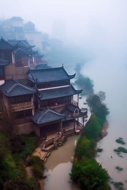 arafed view of a chinese village on a foggy day generative ai