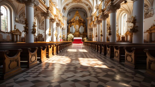 Арафированный вид на церковь с красным ковром и шахматным полом Генеративный ИИ