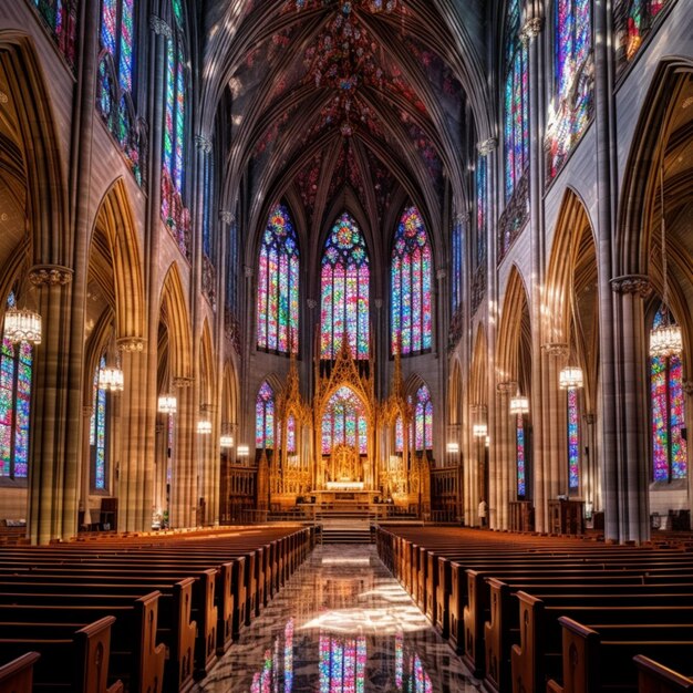 Foto vista di arafed di una chiesa con vetrate e panchine generative ai